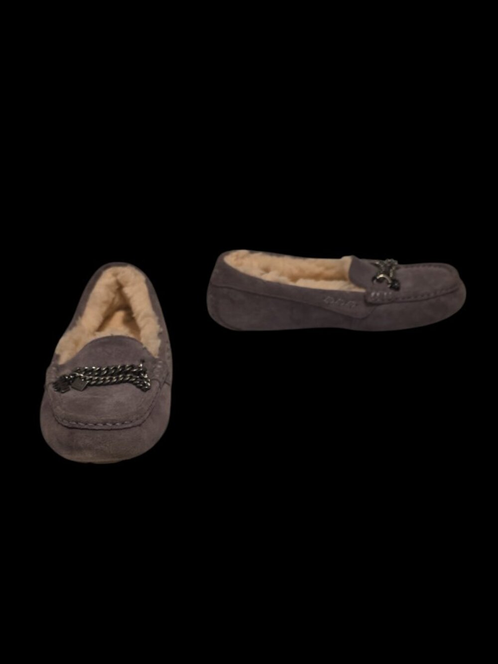 Size 5 UGG "Ansley" Moccasin Slippers in Grey Suede W/Chains & UGG Charms No Box